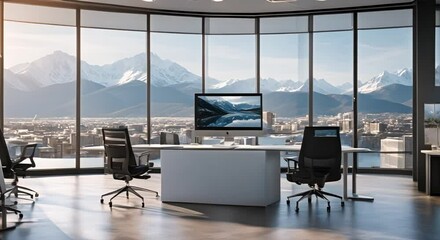A sleek modern office with a stunning view of snow capped mountains through large glass windows The interior features high tech monitors and a minimalist design with comfortable seating 4k animation - Powered by Adobe