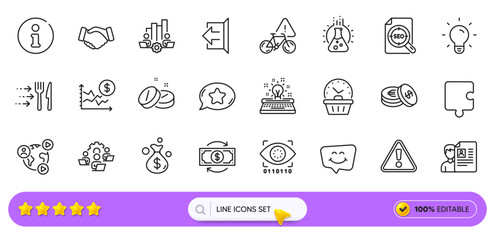 Last minute, Chemistry lab and Seo file line icons for web app. Pack of Typewriter, Medical tablet, Puzzle pictogram icons. Bike attention, Teamwork chart, Teamwork signs. Search bar. Vector