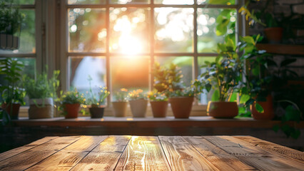 Abstract blurred  background a bright and airy kitchen with a potted plant on a wooden table, filled with natural light and creating a serene atmosphere