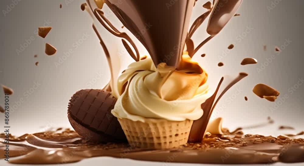 Poster chocolate and vanilla ice cream scoops explode out of a waffle cone in a burst of indulgence chunks 