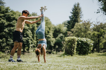 Fototapeta premium Man assists woman in an outdoor calisthenics session as she performs a handstand. Healthy lifestyle, teamwork, fitness training, and nature.