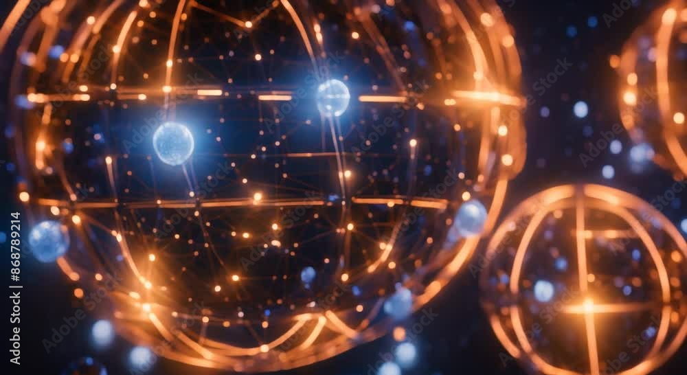 Poster futuristic spheres connected by a glowing network of nodes set against a starry background the spher