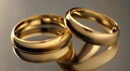 Two elegant gold wedding bands displayed on reflective surfaces highlighting their smooth and polished design 4k animation