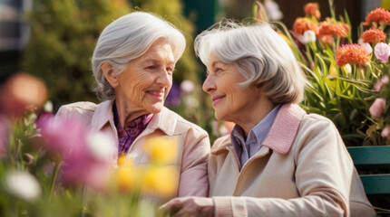 Obraz premium Close up portrait of two senior women sitting on the bench in garden surrounded with spring flowers in bloom, Mature female friendship which lasts year after year.