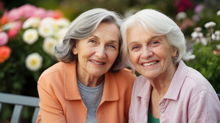 Naklejka premium Close up portrait of two senior women sitting on the bench in garden surrounded with spring flowers in bloom, Mature female friendship which lasts year after year.