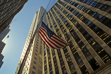Low-angle view of skyscrapers converging towards a clear blue sky, with an American flag in the foreground, evoking urban pride and patriotism