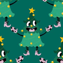 Cartoon Christmas tree seamless pattern for wrapping paper and fabrics