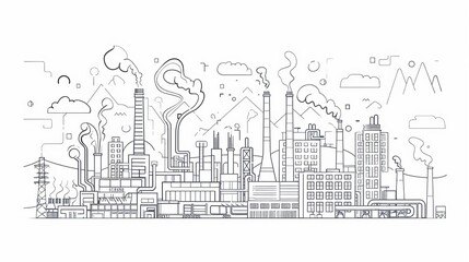 Modern thin line design vector banner depicting heavy industry on a white urban background Includes smoky factories plants pipes buildings and power generation facilities Represents
