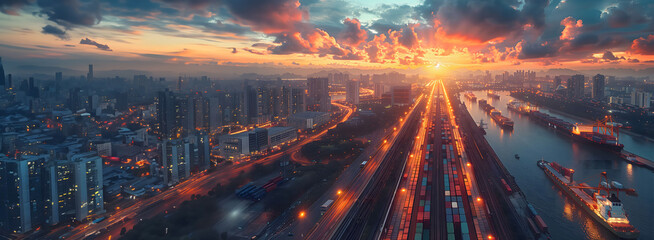 The Global Trade shows how goods are transported internationally by rail, air freight, and shipping. 