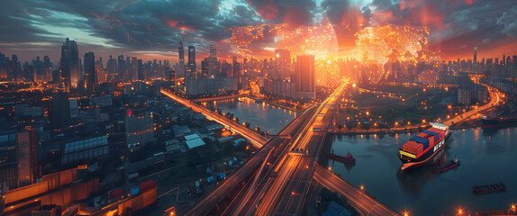 Fototapeta premium The Global Trade shows how goods are transported internationally by rail, air freight, and shipping. 