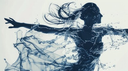 Fototapeta premium Silhouette of a dancer with flowing water, creating a graceful and dynamic double exposure effect
