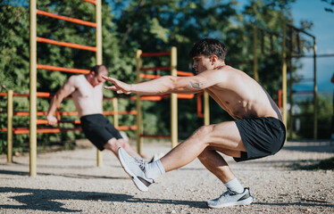 Two men working out in a park, focusing on body weight exercises and fitness outdoors on a sunny day
