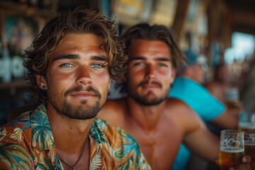 Obraz premium Portrait two handsome blonde young men wearing modern shirts, drinking beers in a beach shack on summer vacation