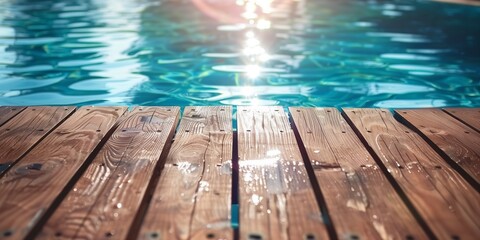 Empty wooden deck with swimming pool
