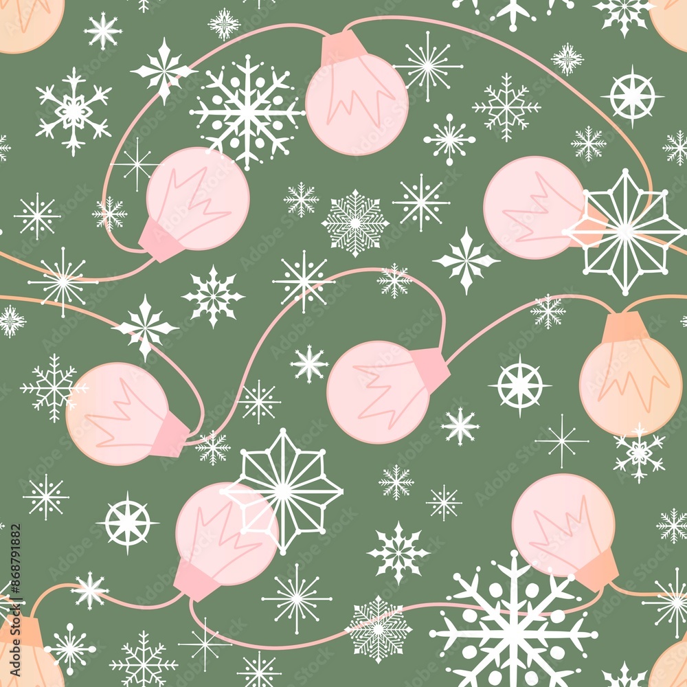 Wall mural christmas snowflakes and illumination seamless party bulbs pattern for wrapping