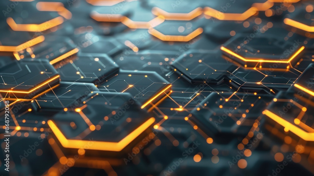 Poster tech-inspired background with hexagonal patterns and glowing lines.