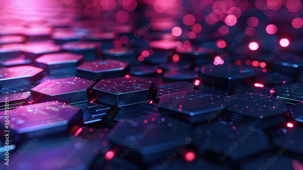 Poster tech-inspired background with hexagonal patterns and glowing lines.