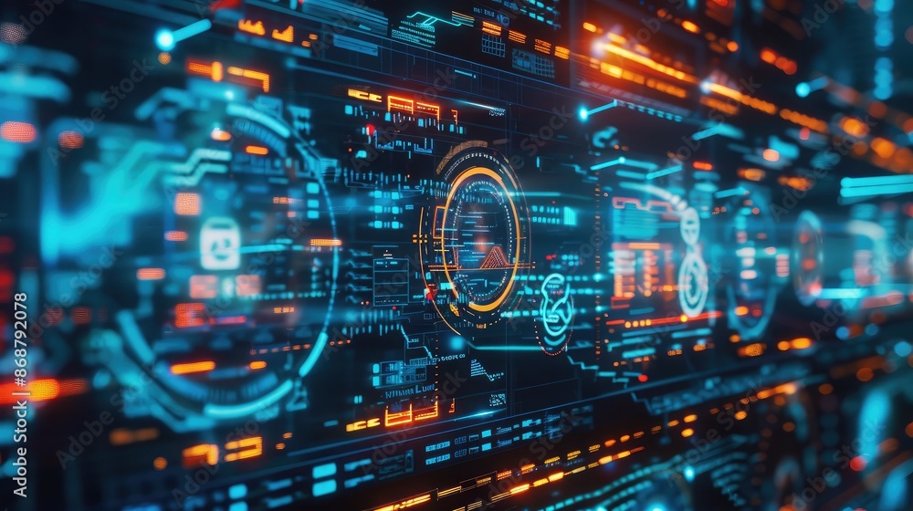 Poster tech-inspired background with holographic displays and communication symbols.