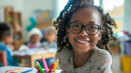A black girl with glases and braids smiles happy to camera in a classroom surrounded by other children. Concentration, friendly atmosphere, education, learning, back to school concept.