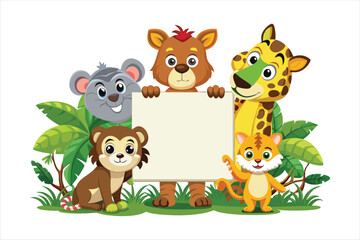 Cartoon wild animals holding blank board vector