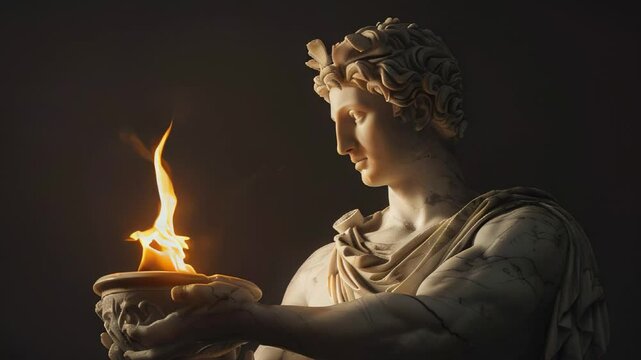 Greek Apollo statue holding Olympic flame in slow motion capturing ancient heritage and sports spirit