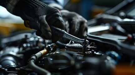 Fototapeta premium Mechanic using a wrench to fix a car engine in a garage workshop