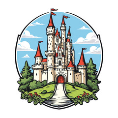 Obraz premium Modern Flat Fairy Tale Castle Badge Illustration