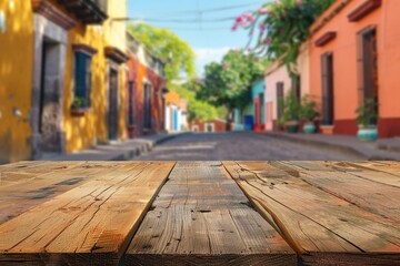 Fototapeta premium Wooden Table Outside Colorful Building