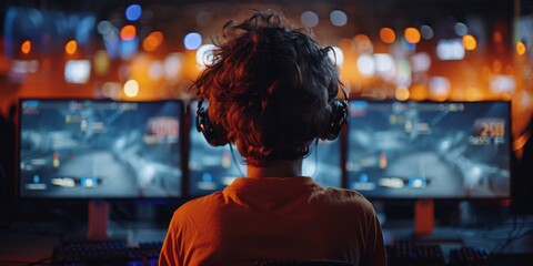 Professional gamer playing video games at a tournament. AI.