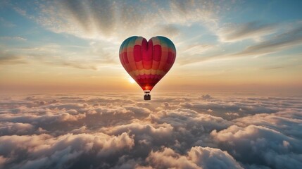 Obraz premium Hot air balloon ride above the clouds at sunset. AI.