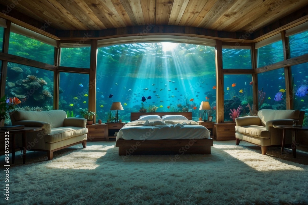 Poster Bedroom with an underwater view. AI.