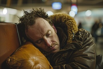 Obraz premium A man is sleeping on a couch in an airport. AI.