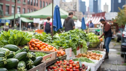 Obraz premium Urban farmers' market where city residents buy fresh produce from local farmers, fostering community and sustainability.