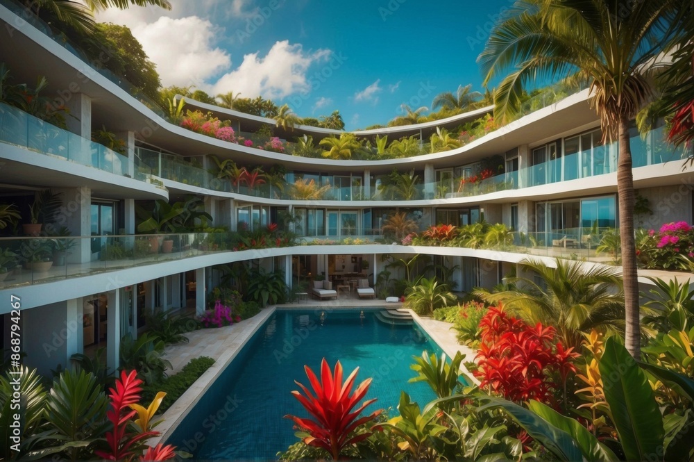 Poster A beautiful modern house with a pool and tropical garden. AI.