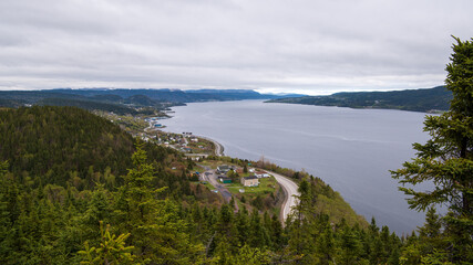 Fototapeta premium Aerial view from the Captain James Cook National Historic Site on Crow Hill in Corner Brook over the Humber Arm of the Bay of Islands along the scenic west coast of Newfoundland. 