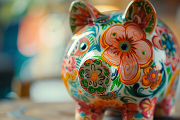 Naklejka premium Colorful ceramic piggy bank adorned with bright floral patterns in various vibrant colors and intricate designs