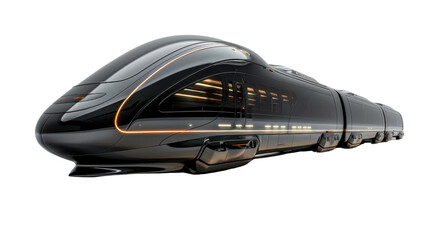 Futuristic sleek high-speed train with a modern design, black exterior and streamlined shape isolated on a white background.