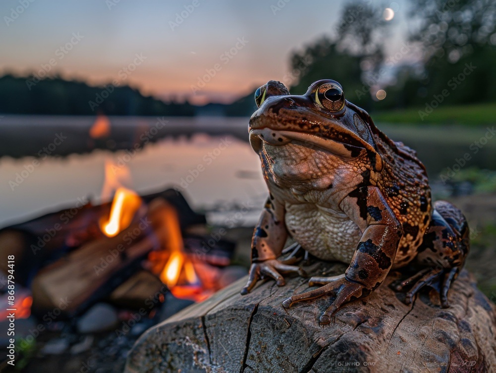 Canvas Prints A frog sits on a log near a campfire. AI.