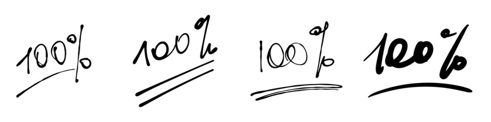 Different spellings of the one hundred percent sign. 100% mark hand written in ink. Sign indicating the highest mark or grade. Vector illustration.