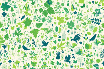A seamless pattern featuring a variety of green leaves, birds, and small plants on a light background, perfect for nature-inspired designs.