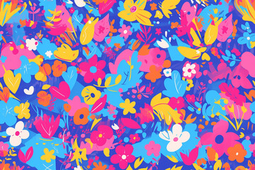 Fototapeta premium A colorful and vibrant seamless pattern with various flowers and leaves on a dark blue background, perfect for a lively and energetic design.