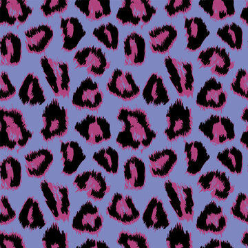 Abstract leopard print featuring a seamless arrangement of pink spots on violet background. Perfect for textiles, fashion accessories, modern interior decor. Vector seamless pattern.