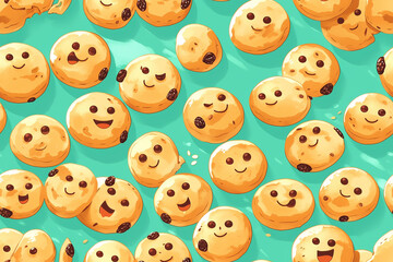 Fototapeta premium Cute and fun pattern of smiling cookies with chocolate chips, creating a whimsical and seamless tile design.