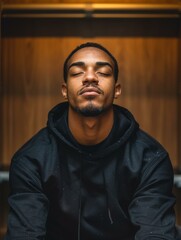 Obraz premium Portrait of a young man with his eyes closed and a peaceful expression on his face. AI.