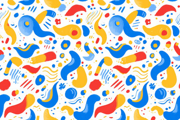 Obraz premium Playful pattern with abstract shapes in primary colors on a white background, perfect for a fun and lively atmosphere.