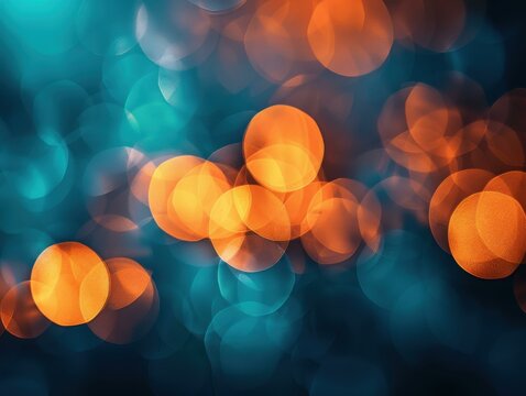 Glowing orange and blue bubbles float in space. AI.