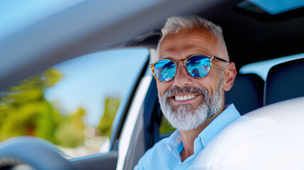 Naklejka premium middle-aged caucasian happy male uber driver in summer