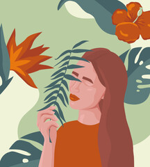 Vector illustration of a girl and floral background