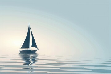 Obraz premium A minimalist silhouette of a sailboat on a calm ocean with a soft, sunset sky. Generative AI