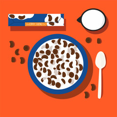 illustration of a Bowls of breakfast cereal coco crunch with milk. Vector illustration